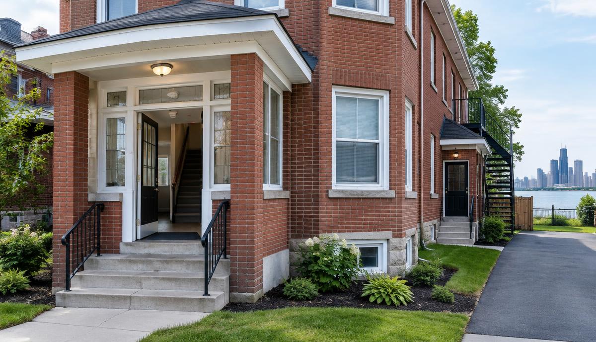 Large brick rooming house with multiple safe entrances in Windsor, Ontario